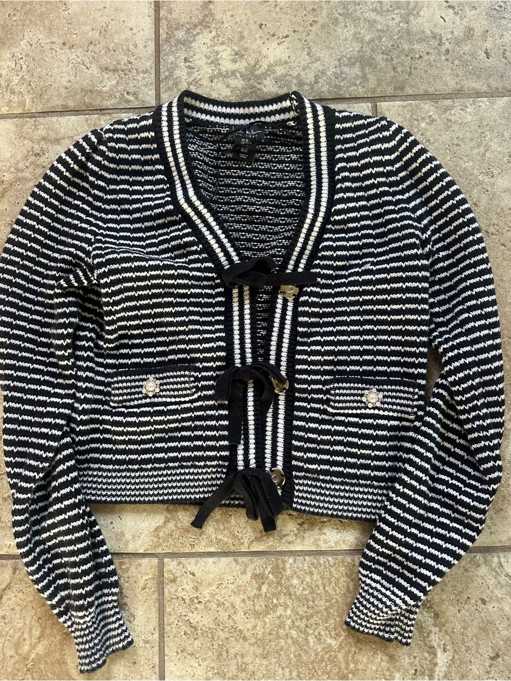 Nicole miller Women's Black and White Striped Knit Cardigan Sweater